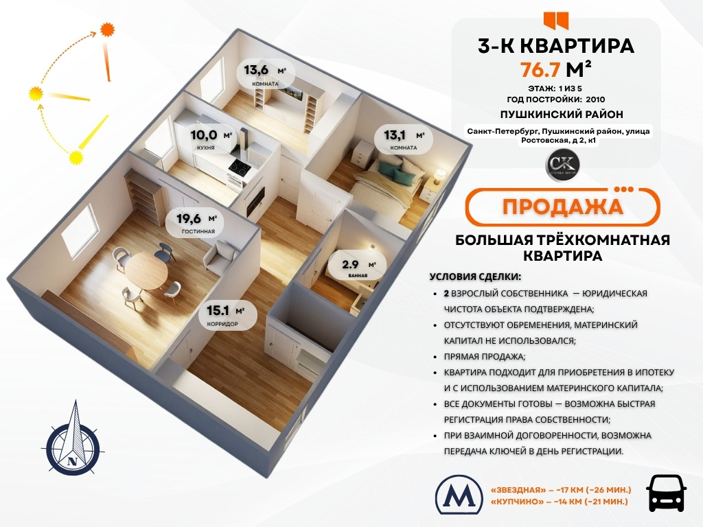 Продается 3-комнатная квартира 76.7 м&sup2; | ул. Ростовская, д. 2, к.1 | Пушкинский район, СПб
Общая площадь: 76.7 м&sup2; | Жилая: 46.3 м&sup2; (19,6 + 13.6 + 13.1&nbsp; м&sup2;)
Кухня: 9.5 м&sup2;&nbsp; | Коридор 15.1 м&sup2;
Этаж: 1 из 5 | Тип дома: монолитный
Фасад: вентилируемый | Год постройк